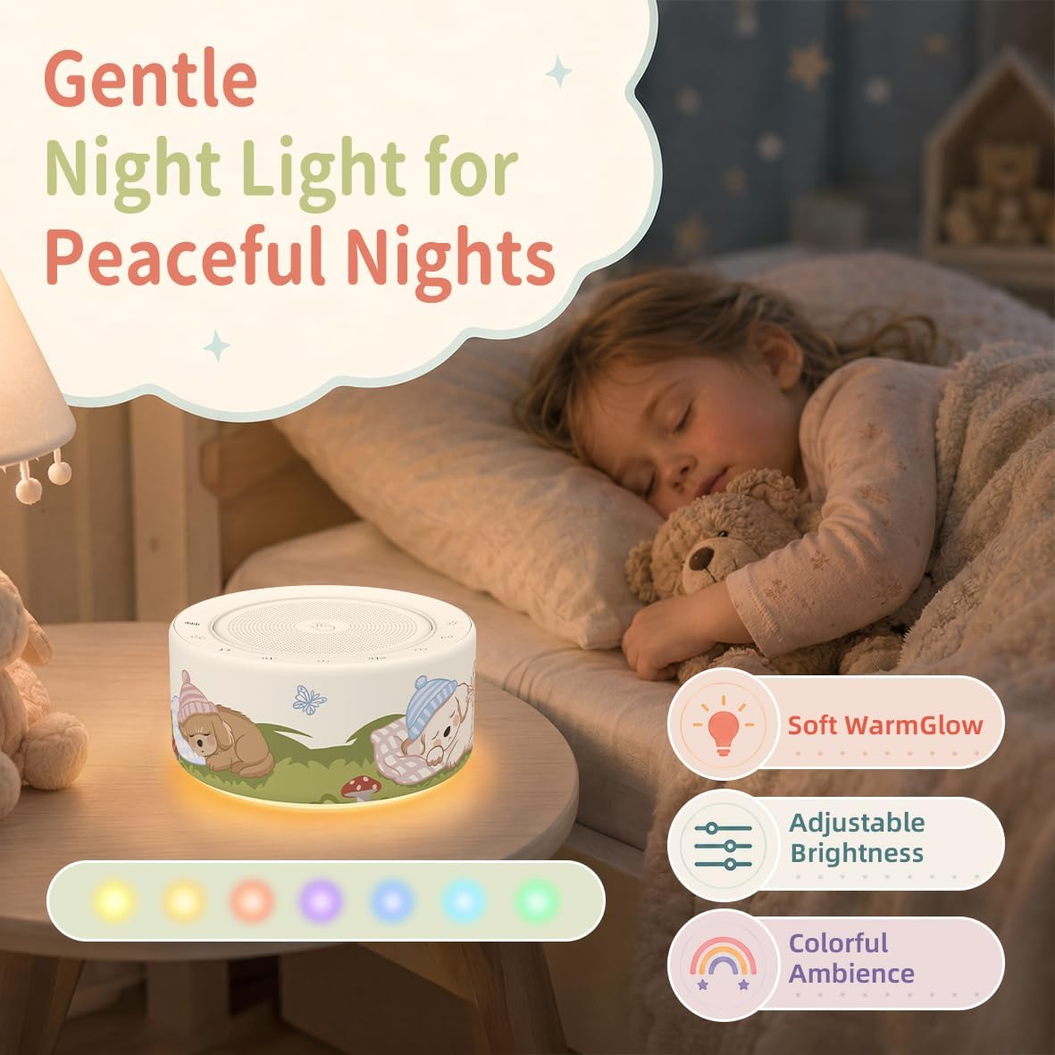Kipcush White Noise Machine for Baby & Adults, 30 Soothing Sounds, Soft Non-Glare Nursery Lamp, 8 Color Night Lights, Memory Function (Angel V1 White, Standard)