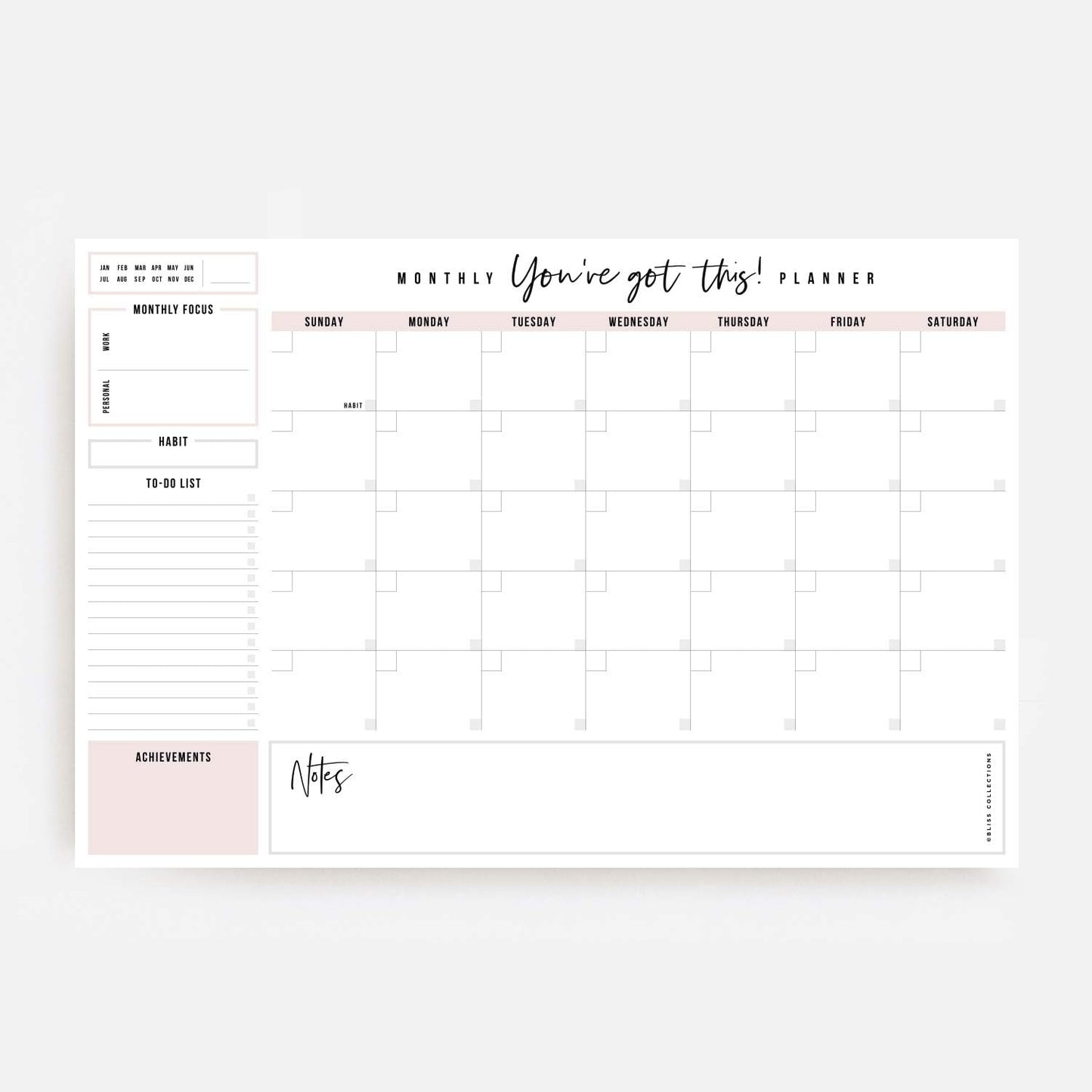 Bliss Collections Weekly Planning Pad, To Do List Notebook - Undated Tear-Off Sheets Notepad - Work Calendar, Organizer, Scheduler for Goals, Tasks - Minimalist, 8.5" x 11", 50 Sheets
