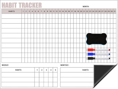 Maitys Habit Tracker for Fridge 12 x 16 Inch Magnetic Workout Tracker Journal Motivation Dry Erase Goal Habit Calendar for Whiteboard with 3 Marker Pens and 1 Eraser