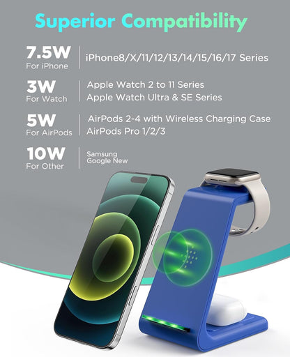 3 in 1 Wireless Charging Station, 2026 Upgraded Fast Desk Charger Station for iPhone 17 16 15 14 13 12 Pro Max Plus, Charger Stand for Apple Watch 11 10 9 8 7 6 5 4 3 2 Ultra SE, Airpods 4 3 2 Pro