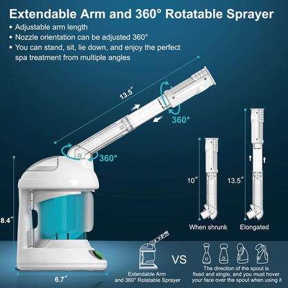DENFANY Facial Steamer with Ozone Extendable 360° Arm - for Home or Salon