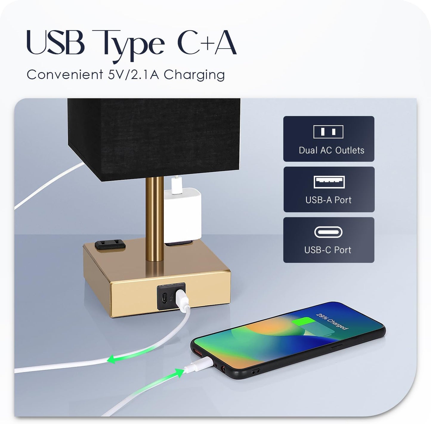 Bedside Table Lamp for Bedroom - Touch Small Lamp with USB C+A Charging Ports & AC Outlets, 3 Way Dimmable Nightstand Light for Living Room (LED Bulb Included, Grey)
