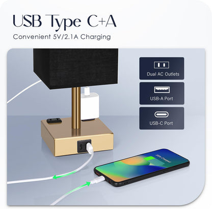 Bedside Table Lamp for Bedroom - Touch Small Lamp with USB C+A Charging Ports & AC Outlets, 3 Way Dimmable Nightstand Light for Living Room (LED Bulb Included, Grey)