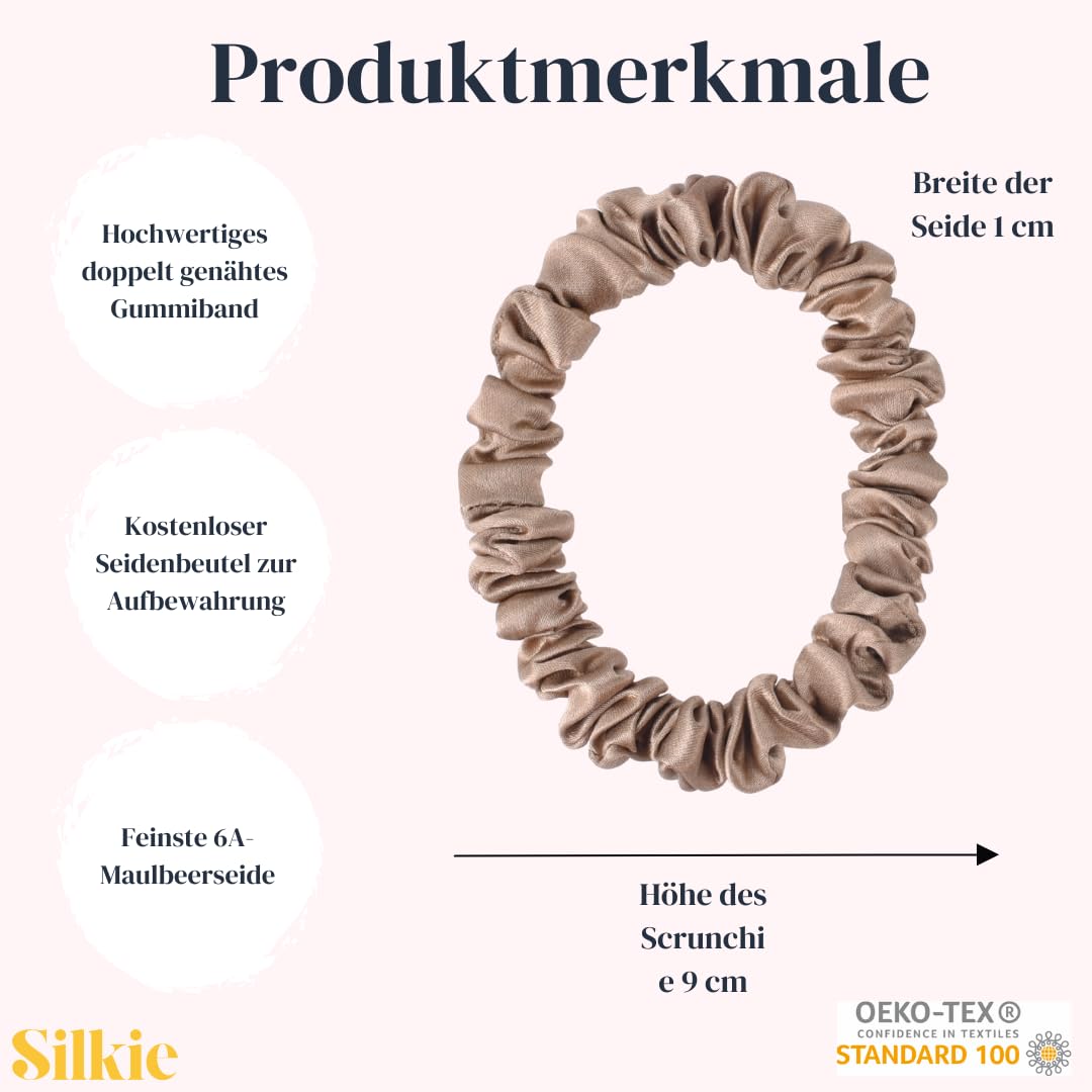 SILKIE x4 Set - Forget Satin - 100% Pure Mulberry Silk Black Brown Skinny Scrunchies Travel Pouch Everyday Hair Ties Elastics Hair Care Ponytail Holder No Damage (Chocolate)