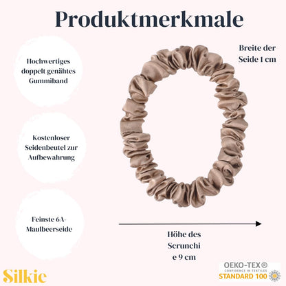 SILKIE x4 Set - Forget Satin - 100% Pure Mulberry Silk Black Brown Skinny Scrunchies Travel Pouch Everyday Hair Ties Elastics Hair Care Ponytail Holder No Damage (Chocolate)