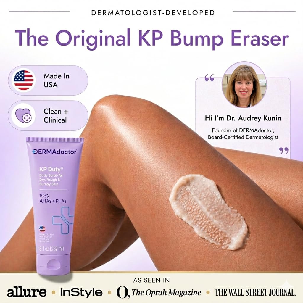 DERMAdoctor KP Bump Eraser Body Scrub with 10% AHAs + PHAs for Keratosis Pilaris, Dry, Rough, and Bumpy Skin, Dermatologist Formulated Exfoliating Body Scrub with Glycolic and Lactic acids - 8 Fl oz