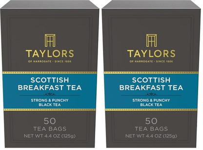 Taylors of Harrogate Scottish Breakfast Black Tea Individually Wrapped Bags, Strong, Malty and Full, Caffeinated, Enjoy Hot or Iced, 50 Teabags (Pack of 2)