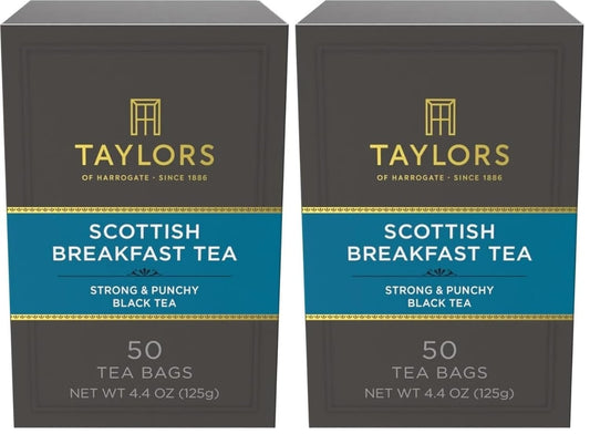 Taylors of Harrogate Scottish Breakfast Black Tea Individually Wrapped Bags, Strong, Malty and Full, Caffeinated, Enjoy Hot or Iced, 50 Teabags (Pack of 2)