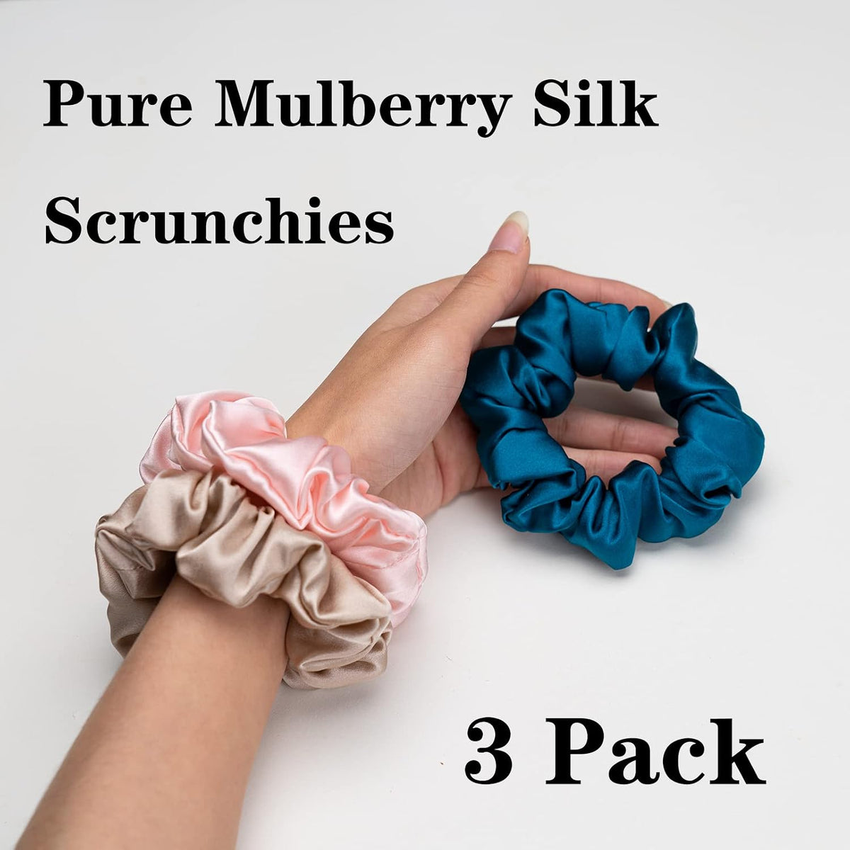 Silk Scrunchies for Hair 100% Mulberry Silk Hair Ties 3 Pack(Black, Navy Blue, Emerald)