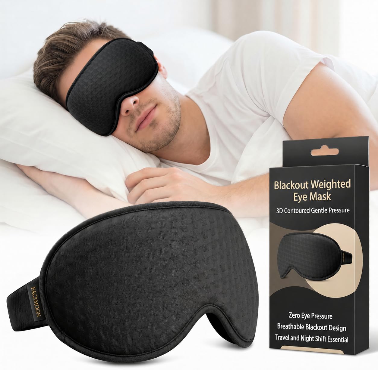 Blackout Weighted Eye Mask for Sleeping: 3D Contoured Gentle-Pressure Sleep Mask for Men & Women - Airplane Travel & Night Shift Essentials, Zero Eye Pressure, Breathable Blindfold, Black