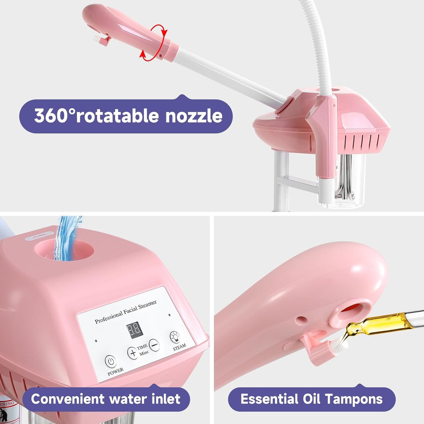 Professional Facial Steamer, Face Steam on Wheels, Estheticians Steamer with More Steam for Moisturizing and Hydration, Adjustable Height and Angle for Spa Beauty, Home Use, Pink