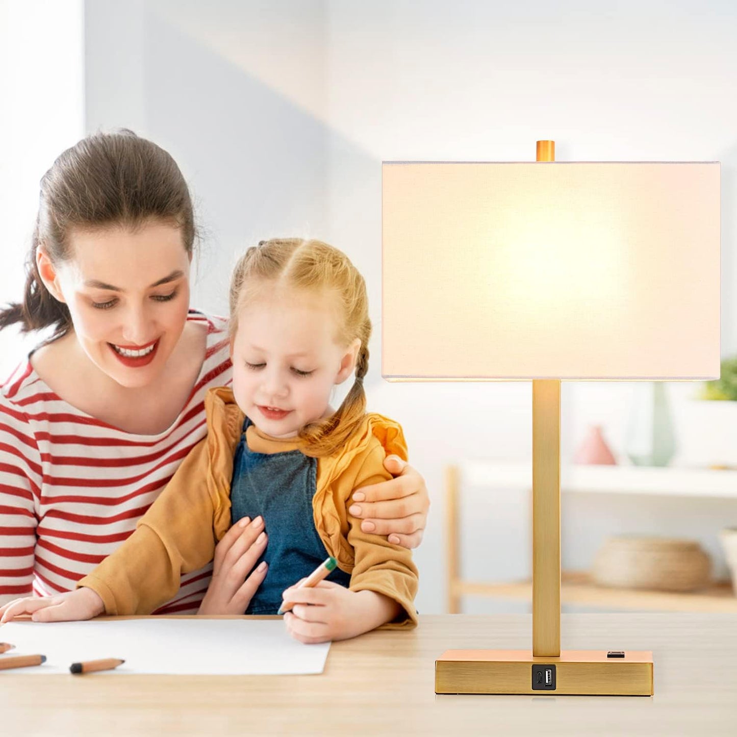 21" Touch Bedside lamps with 2 USB & AC Outlets, 3-Way Dimmable Bedside Table Lamps Set of 2 for Bedroom Living Room Office Reading, Gray Shade Lamps for Night Stands, 5000K LED Bulbs Included
