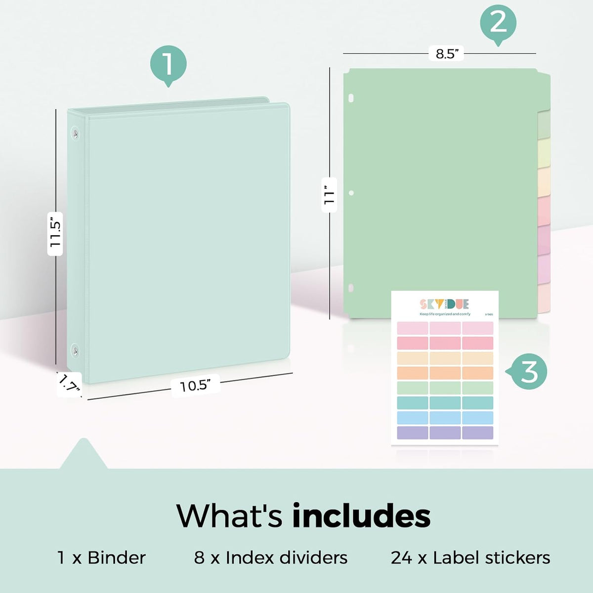 SKYDUE 1 Inch 3 Ring Binder with 8 Tab Dividers & 24 Labels, Pastel Binder Organizer for Letter Size Paper, Aesthetic School Binder for Notes, Documents, Office & Home Organization, Purple