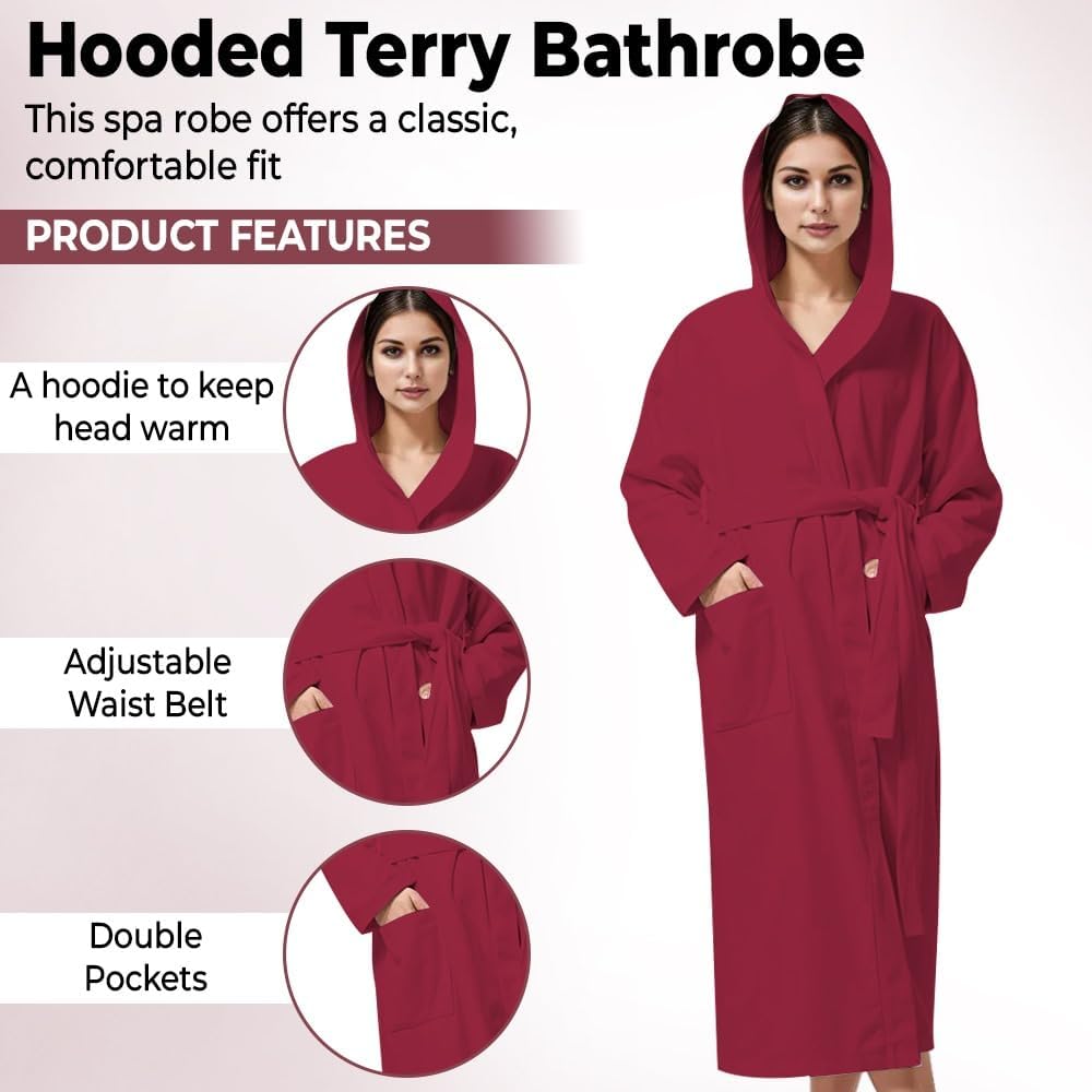KAHAF COLLECTION Women Hooded 100% Cotton Terry Bathrobe, Soft Absorbent Quick Dry Robe for Spa, Shower & Home Wear