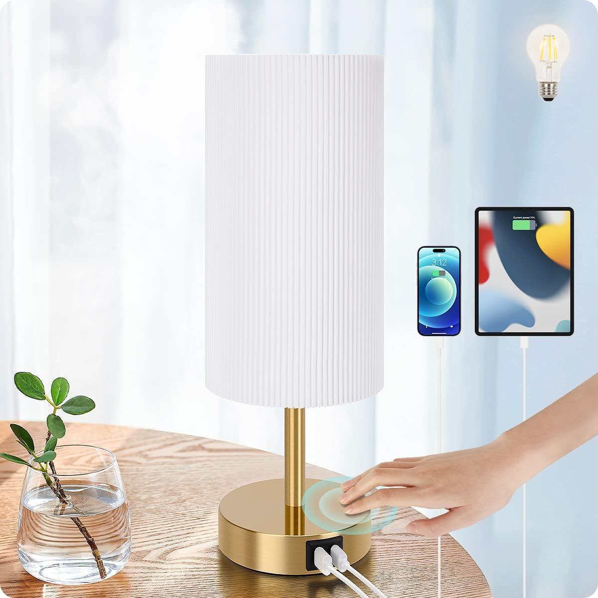 Yarra-Decor Bedside Table Lamp with USB Ports - Touch Control for Bedroom 3 Way Dimmable Nightstand Lamp with Round Fabric Shade for Living Room, Dorm, Home Office, Corded Electric, Without Battery