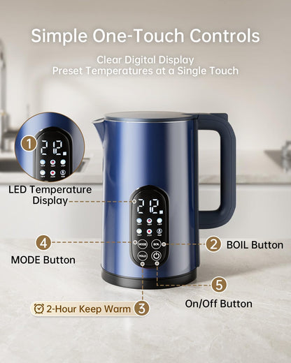 Electric Kettle with Temperature Control, 1.7L Hot Water Kettle for Tea, Coffee & Daily Use, 5 Presets, 2H Keep Warm, Stainless Steel Interior, Auto Shut-Off, Cordless Electric Tea Kettle, Blue