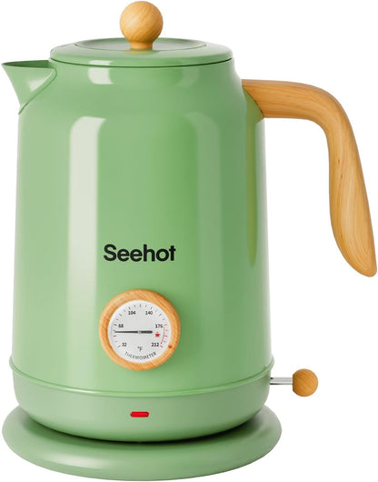 Seehot® Electric Kettle With Thermometer, 1.7L Electric Tea Kettle, 1200W Hot Water Kettle Electric, Auto Shutoff, Boil-Dry Protection, 304 Stainless Steel, Cordless Base, Black