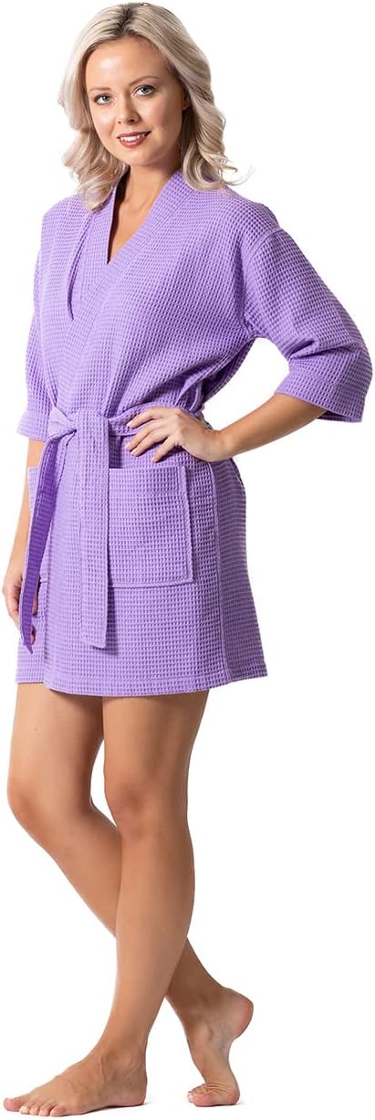 Turkish Linen Lightweight Waffle Knit Bath, Spa & Bridesmaids Kimono Short Robes for Women - Quick Dry & Soft