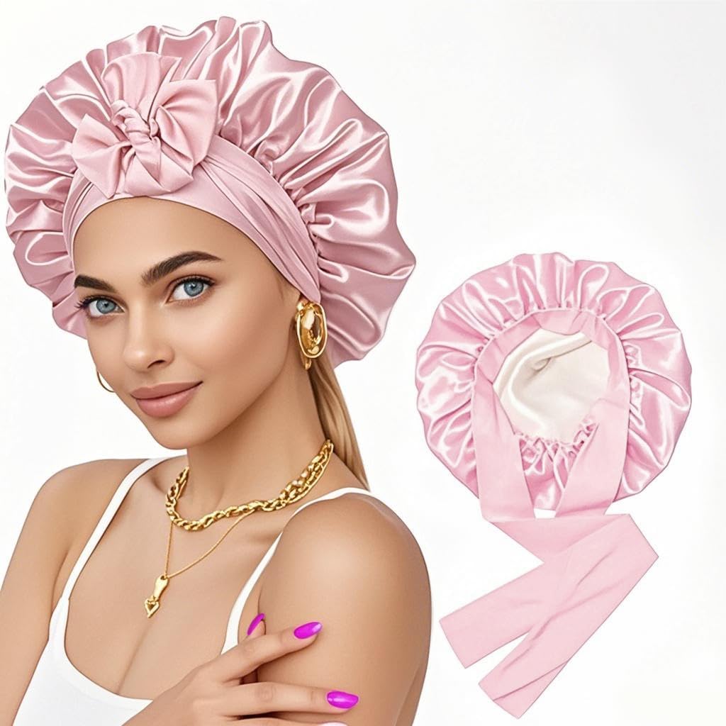 Silk Bonnet for Sleeping, Women Double Layer Satin Hair Bonnet with Elastic Tie Band Sleep Cap for Curly Hair