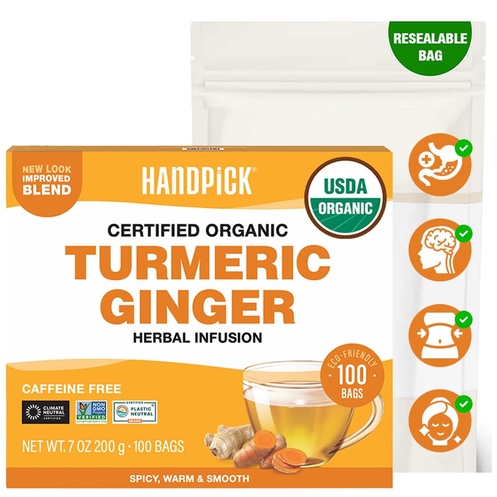 HANDPICK, Organic Turmeric Ginger Tea (100 Tea Bags) | Herbal Tea, Strong Spicy Flavor, Caffeine Free, Daily Wellness Tea, Smooth & Warming Infusion | Non-GMO, Gluten Free | Ecofriendly Tea Bags