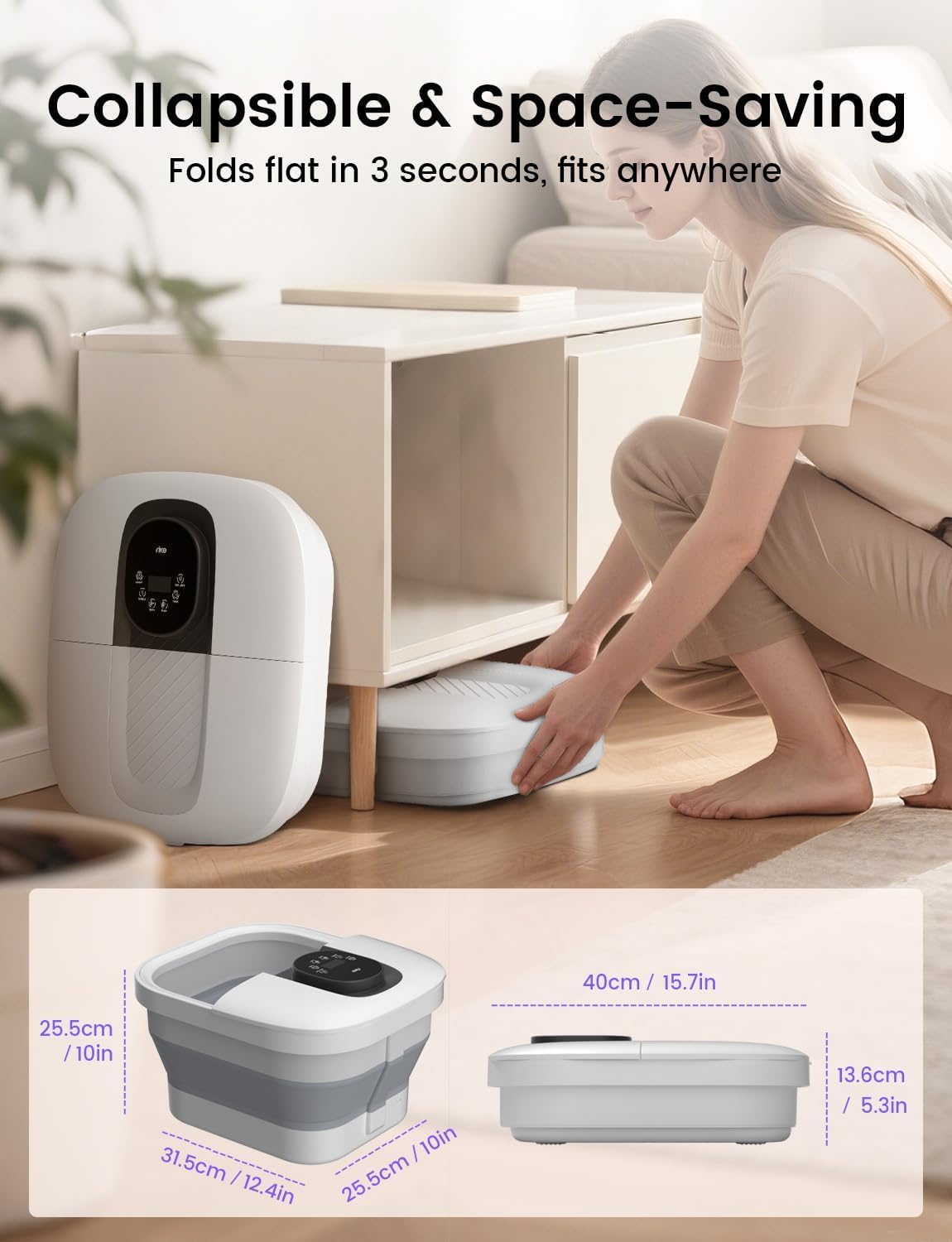 RIKE Collapsible Foot Spa with Fast PTC Heating and Massage, 14 Temp Control Precise Heated Foot Bath, Smart Digital Touch Screen & Ambient Light, Space-Saving Design,Ideal Gift for Parents & Her