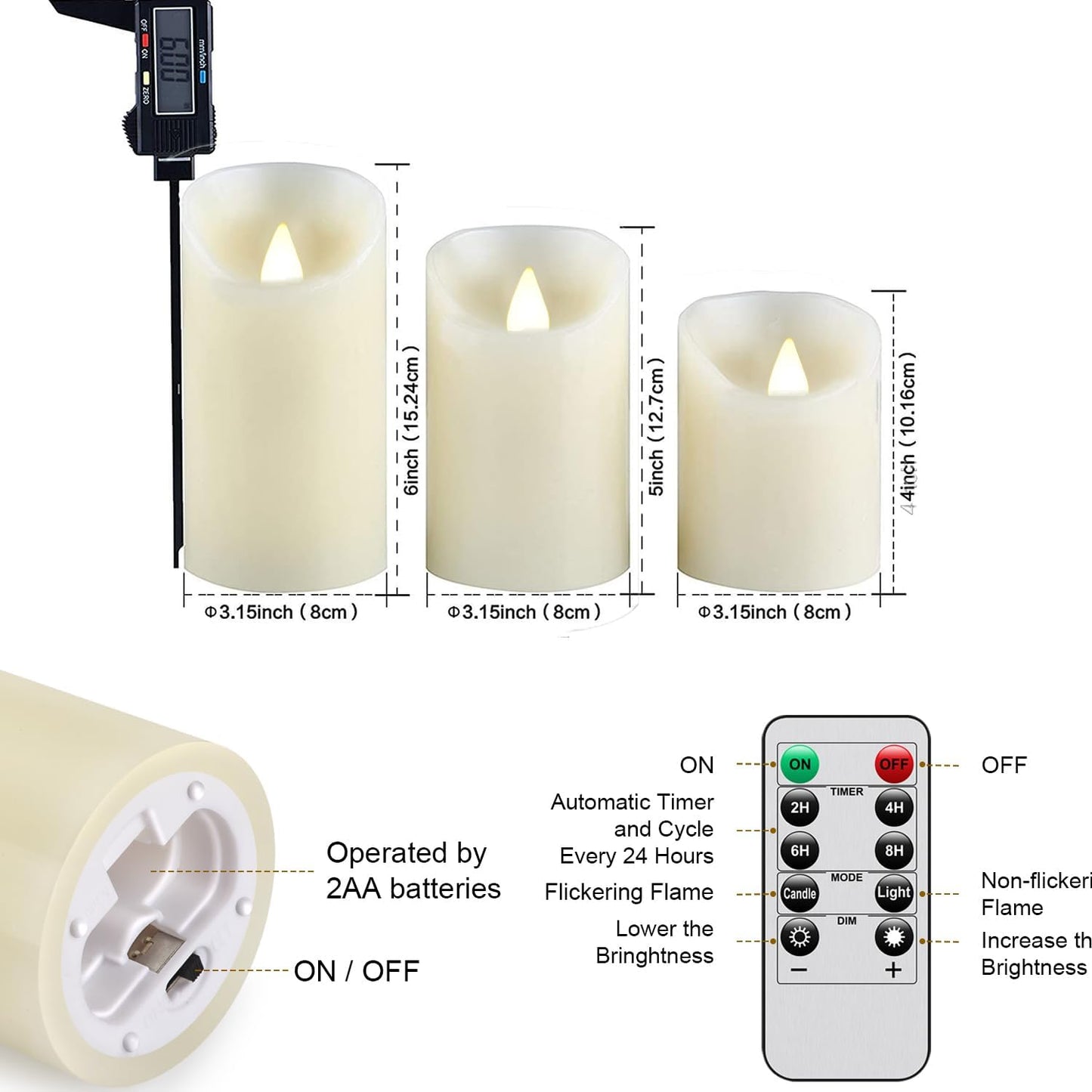 2PACK Outdoor Plastic flameless Candles with Remote Control and Timer, LED Flickering Battery Operated Electric Pillar Candles (D3 xH5.5) for Camping, Weddings, Home Decoration