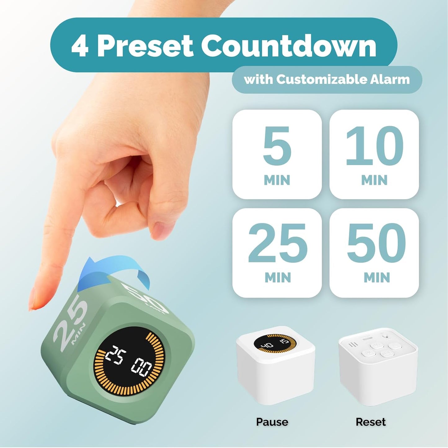 KADAMS Pomodoro Timer – Visual Cube with 5/10/30/60 Min Presets, LED Countdown Ring & Count Up Mode, Silent Flip Productivity Timer for Study, Classroom, Office, Cooking
