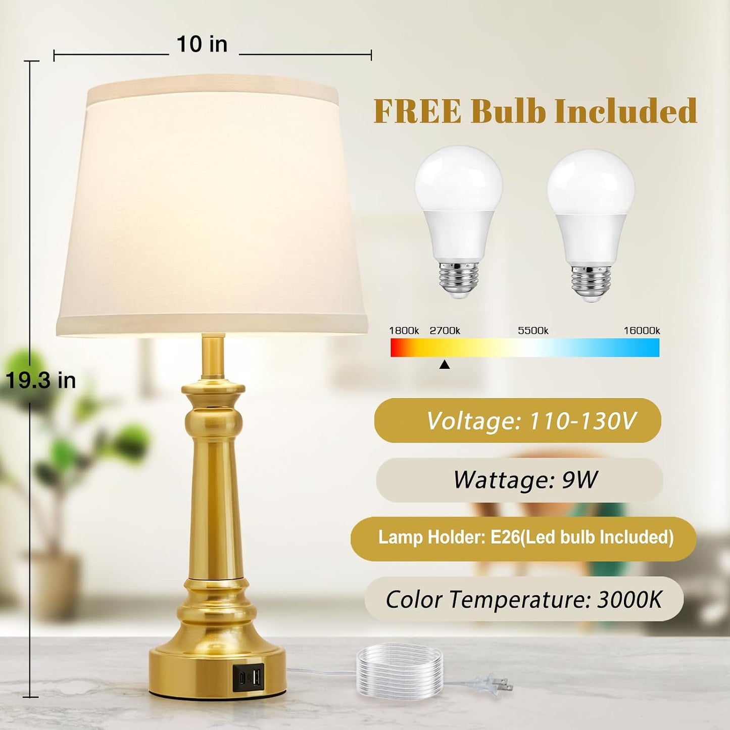 EJIAXIN Lamps for Bedrooms Set of 2, Brushed Nickel Bedside Lamps with USB C+A Ports,Dimmable Nightstand Lamps with Fabric Lampshade, Touch Table Lamp for Living Room Bedroom Office, Bulbs Included
