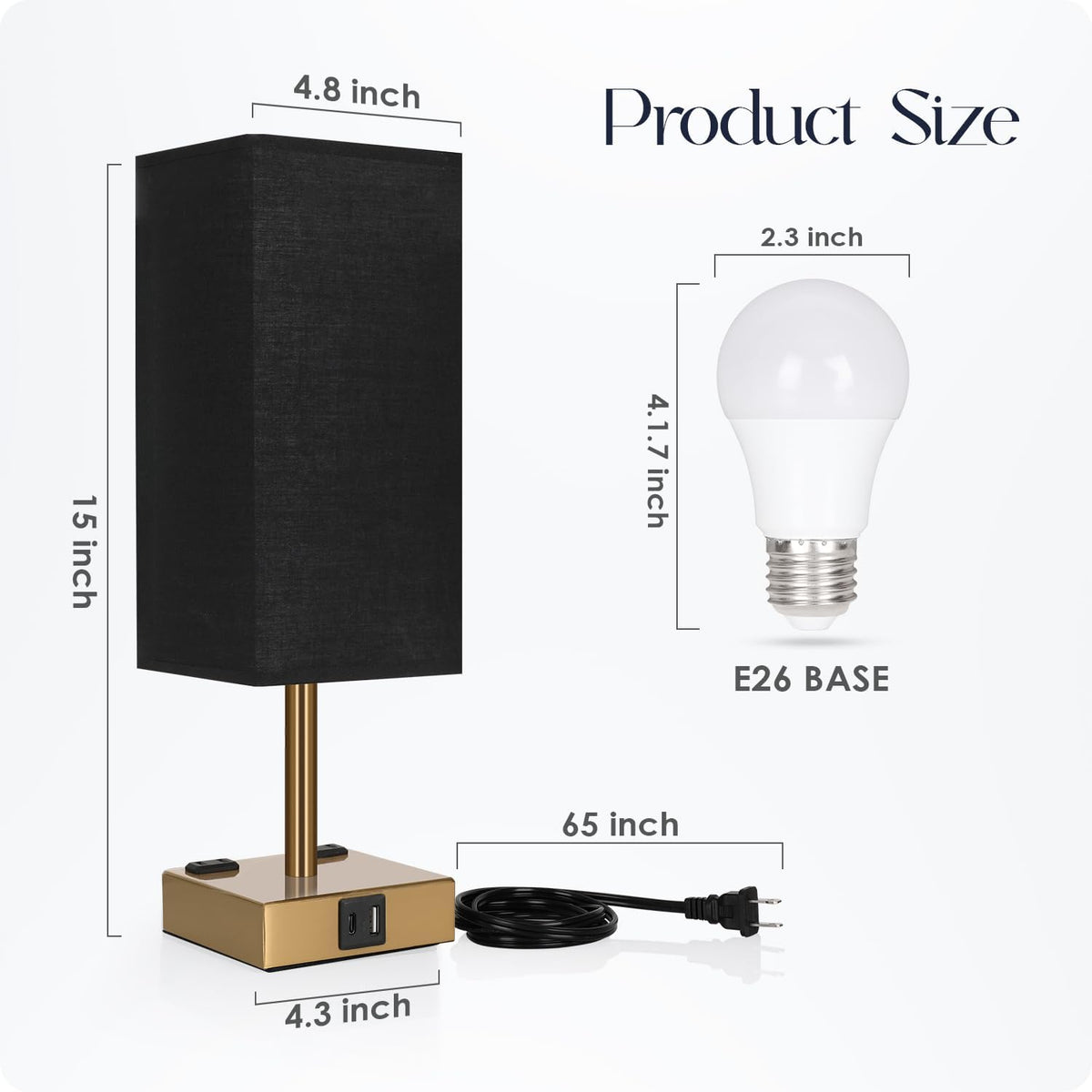 Bedside Table Lamp for Bedroom - Touch Small Lamp with USB C+A Charging Ports & AC Outlets, 3 Way Dimmable Nightstand Light for Living Room (LED Bulb Included, Grey)