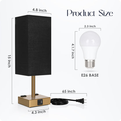Bedside Table Lamp for Bedroom - Touch Small Lamp with USB C+A Charging Ports & AC Outlets, 3 Way Dimmable Nightstand Light for Living Room (LED Bulb Included, Grey)