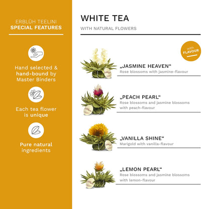Creano Blooming Tea Gift Set with Glass Teapot 17oz (500ml) - Green Tea Fruity Flavoured Tea Flowers in 6 Varieties - Flowering Tea Gift for Easter