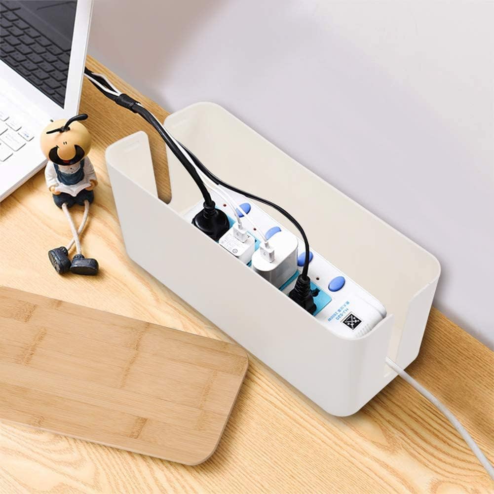 PowerKing Cable Management Boxes Organizer, Bamboo Lid, Large Storage Wires Keeper Holder for Desk, TV, Computer, USB Hub, System to Cover and Hide & Power Strips & Cords (Ice White)