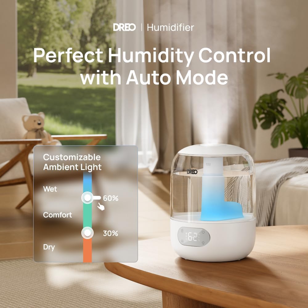DREO Humidifiers for Bedroom, 3L Top Fill 30H & 26dB Quiet Runtime for Large Room, Cool Mist Ultrasonic Humidifier with Humidity Sensor, Night Light for Home, Baby, Nursery, Plants, 360° Nozzle, Black