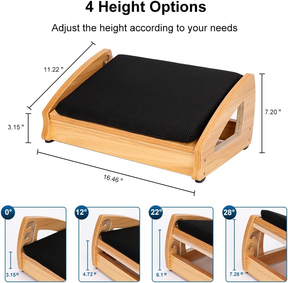 StrongTek Wooden Under Desk Footrest, 4 Heights, 400 lb, Office Foot Rest