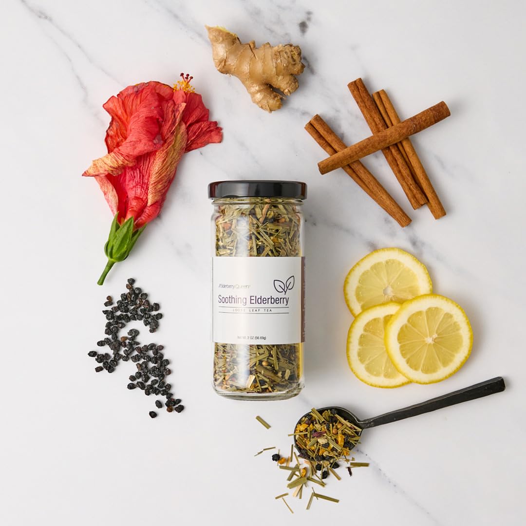 Soothing Elderberry Loose Leaf Tea, Pure Natural Herbal Tea Blend with Ginger Root, Lemongrass and Cinnamon (2 ounce)