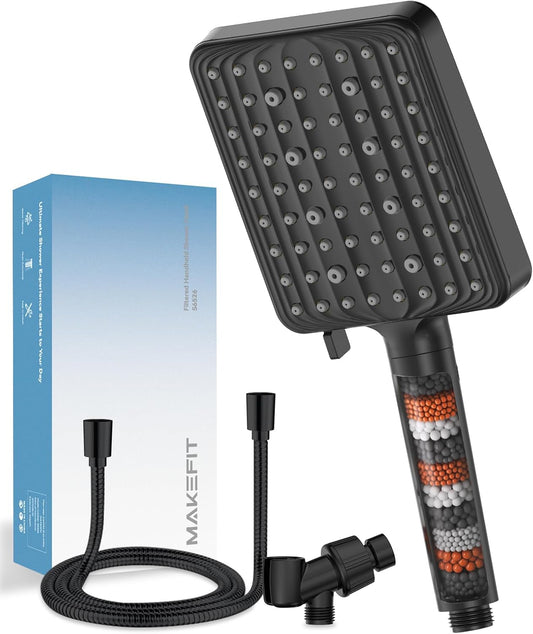 MakeFit Filtered Shower Head Black - 6 Modes High Pressure Handheld Shower Head with Filter Mineral Beads, Detachable Handheld Showerhead Set with Stainless Steel Hose and Shower Arm Bracket