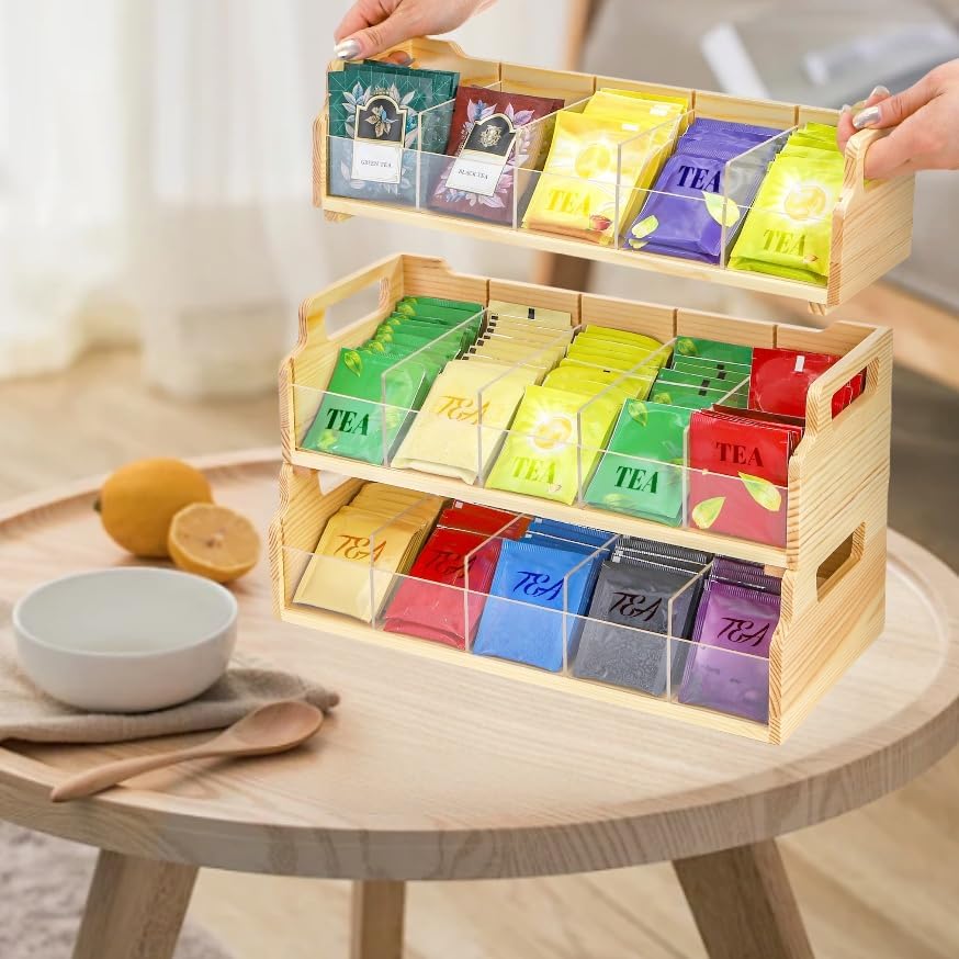 ZAVOOS 3 Tier Tea Bag Organizer with Acrylic Divider, 15 Compartments