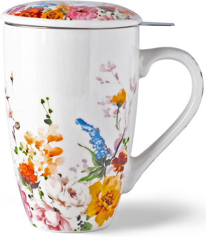 GBhome Tea Mug with Infuser and Lid, 18 Ounce Large Ceramic Loose Leaf Cup, Microwave, Dishwasher Safe, Perfect for Tea Lovers