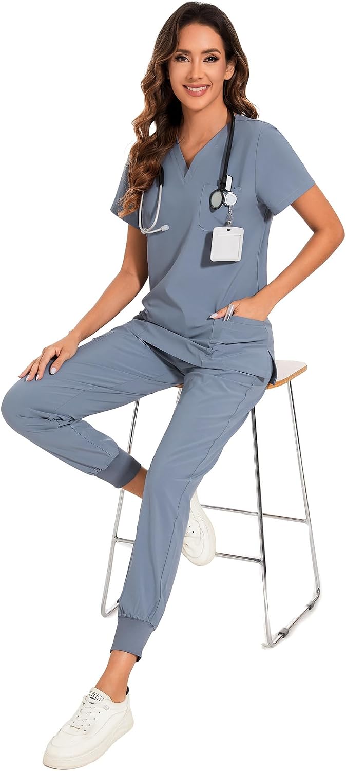 COZYFIT Scrubs for Women Set - Stretch V-Neck Scrub Top & Jogger Pant with 8 Pockets COZY SCRUBS - Colors E