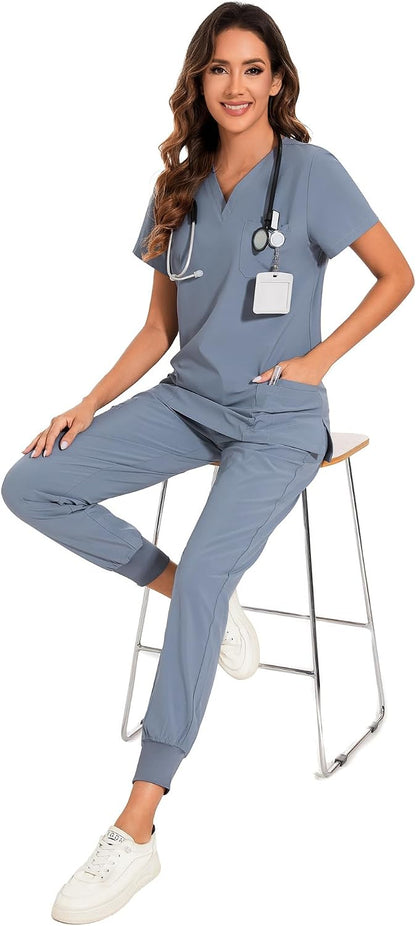 COZYFIT Scrubs for Women Set - Stretch V-Neck Scrub Top & Jogger Pant with 8 Pockets COZY SCRUBS - Colors E