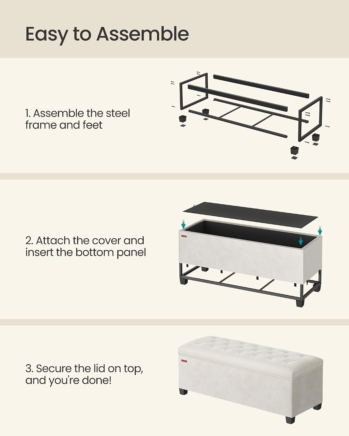 SONGMICS Storage Ottoman Bench, Foot Rest with Legs, 15.7 x 43.3 x 15.7 Inches, End of Bed Bench, Storage Chest, Load up to 660 lb, for Living Room, Bedroom, Entryway, Dark Gray ULSF088G01