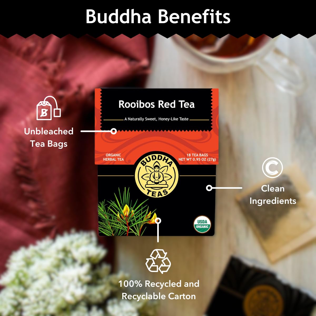 Buddha Teas - Rooibos Red Tea - Organic Herbal Tea - For Digestive Health - Rejuvenate & Support - Caffeine Free - 100% Kosher & Non-GMO - 18 Tea Bags (Pack of 1)