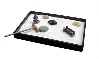 Nature's Mark Mini Zen Garden Kit for Desk with Rake, White Sand, Buddha Figure, Bridge Figure and River Rocks, Black Rectangle Base