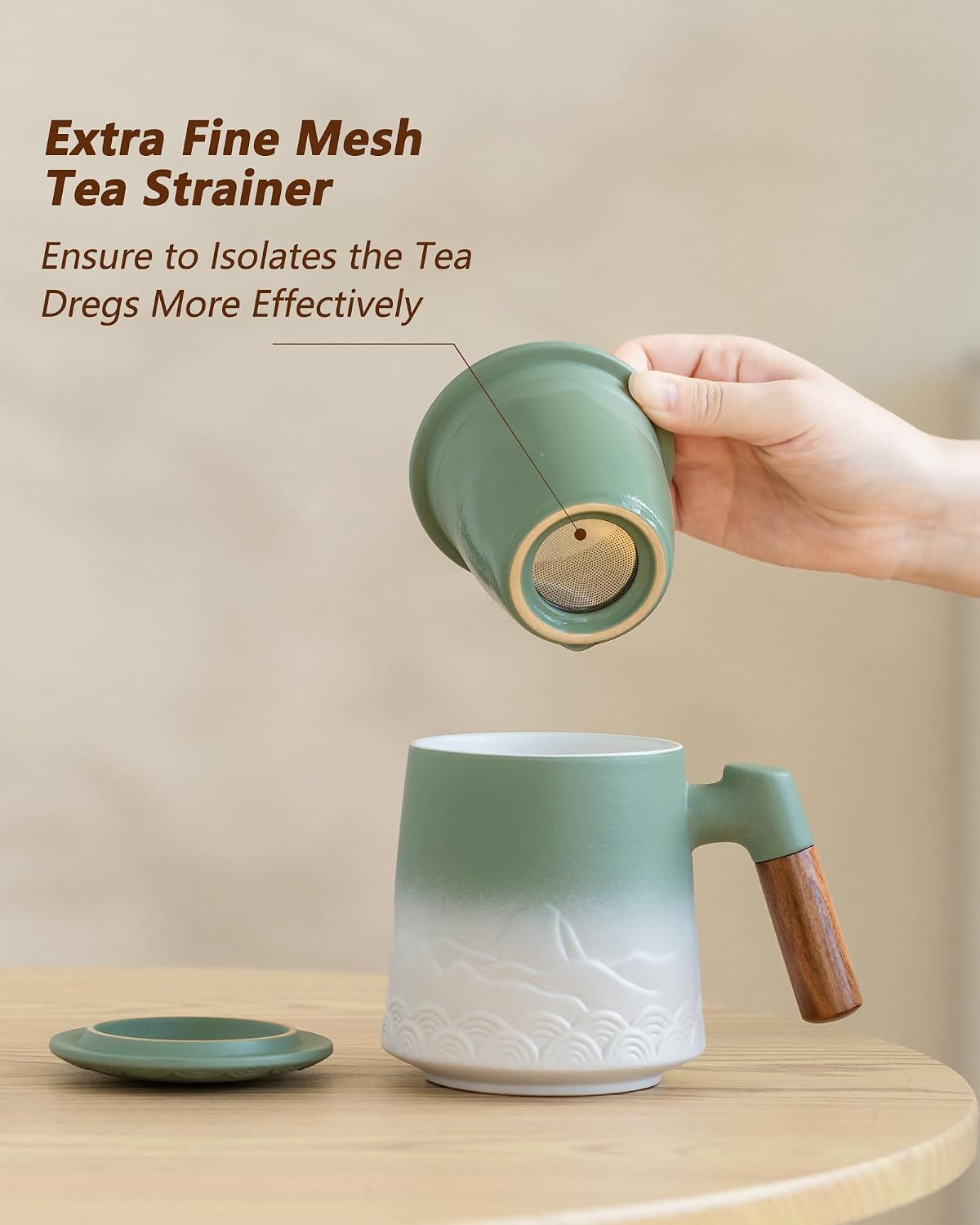 ZENS Embossed Ceramic Tea Mug with Infuser and Lid, 14.5 oz Wooden Handle, Loose Leaf Tea Steeper Cup & Strainer for Tea Lovers Gifts
