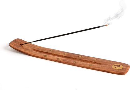 Wooden Incense Holder for Sticks with Inlays of Brass Crescent Moon 10 inches Long