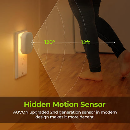 AUVON 4 X Plug-in LED Backlit Night Light with Motion & Dusk to Dawn Sensor | 2200K Soft Warm White Nightlight with 1-50lm Dimmable Brightness for Adults & Kids' Bedroom, Bathroom, Hallway