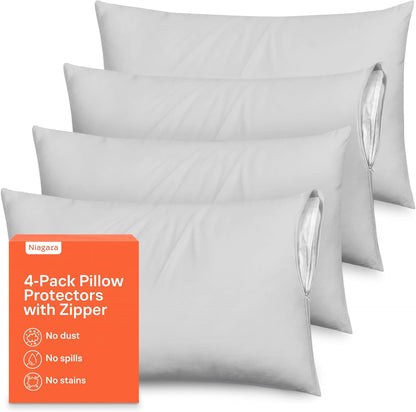 Ultra Soft Pillow Protectors with Zipper Standard Size - Set of 8 Breathable Pillow Covers - 100% Protection Against Stains, Dust & Dirt - Machine Washable (White)
