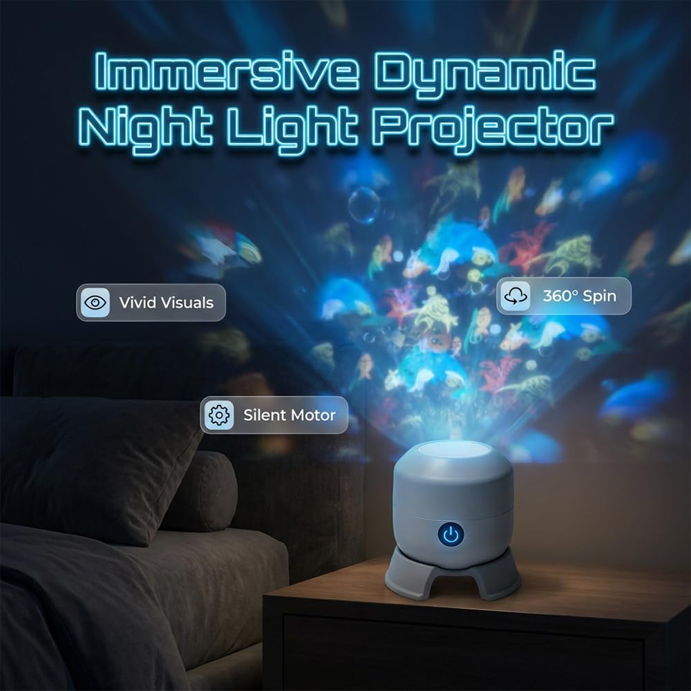 2026 Upgrade Dynamic Rotating LED Projector Light, USB Rechargeable LED Light Projector, 3D Wave Light Effect & Adjustable Brightness, (Ocean)