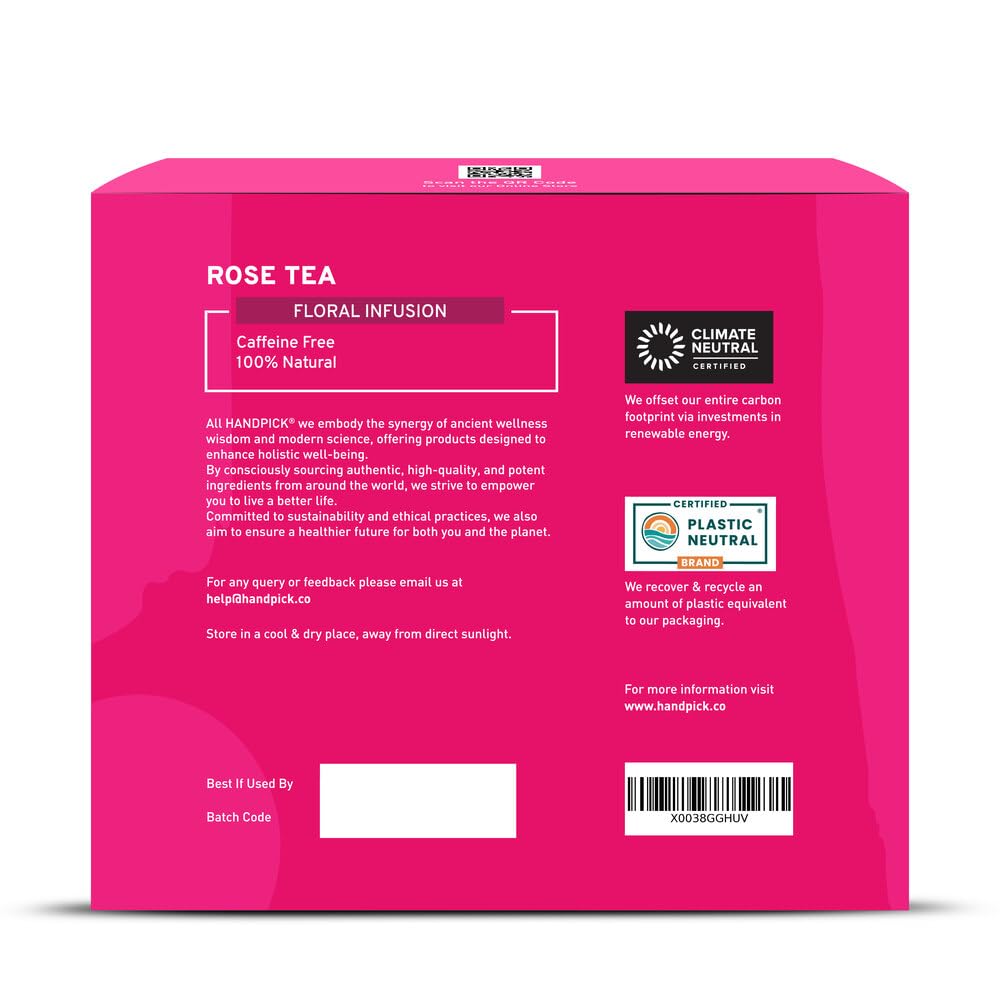 HANDPICK, Rose Buds Herbal Tea Bags - 50 Count | Caffeine Free Rose Tea with Chamomile & Tulsi | Floral & Smooth | Round Eco-conscious Tea Bags