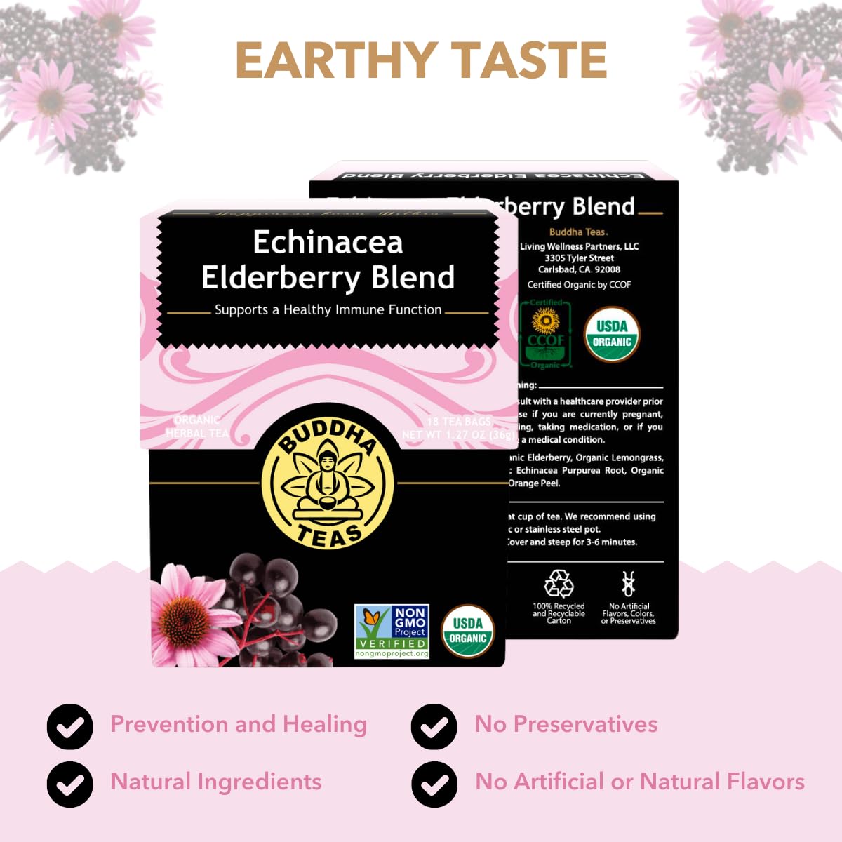 Buddha Teas Organic Echinacea Elderberry Blend - Herbal Tea, Caffeine Free